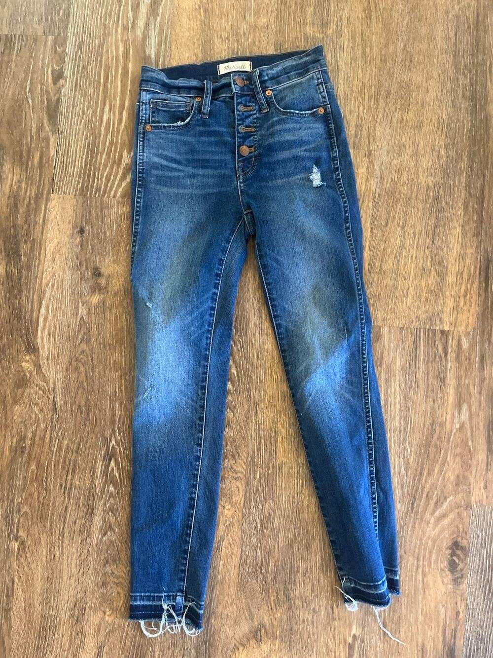 Madewell 10” High Rise Skinny Jeans 24 Button Fly Medium Wash Distressed